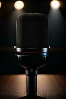 micrófono en un mesa en un grabación estudio con luces en el antecedentes. ai generativo foto