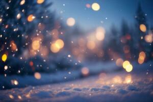 Winter background with snowflakes and blurred bokeh lights. AI generative photo