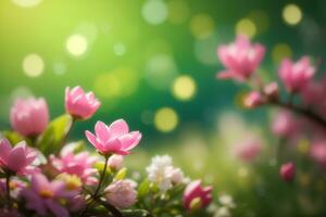 Beautiful spring background with pink flowers and bokeh lights. AI generative photo