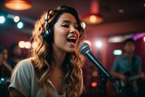 hermosa joven mujer canto dentro un micrófono en un Club nocturno. karaoke cantante. música concepto. ai generativo foto