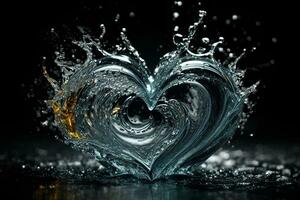 corazón hecho de agua salpicaduras y gotas en oscuro antecedentes. amor concepto. San Valentín día. ai generativo foto