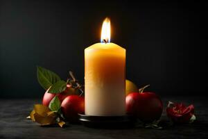 Burning candle with autumn leaves and fruits on black background. AI generative photo