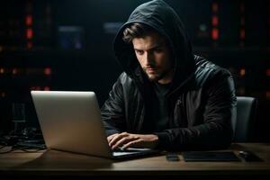 Hacker working on laptop at night in dark office. Young man wearing hoodie and glasses using computer. AI generative photo