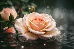 Tender roses with raindrops banner. Flowers background. AI generative photo