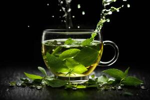 Herbal tea with fresh green mint leaves and water drops on dark background. Commercial promotional food photo. AI generative photo