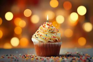 Photo birthday cupcake with candel celebration sprinkles for a birthday party generative ai