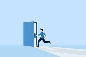 concept of opening the door looking for new opportunities, getting out of the comfort zone, looking for success, running towards a bright future, people open the door seeing the bright light coming in vector