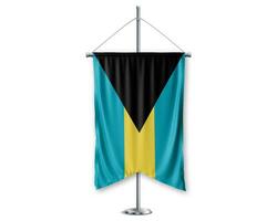 Bahamas up pennants 3D flags on pole stand support pedestal realistic set and white background. - Image photo