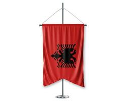 Albania up pennants 3D flags on pole stand support pedestal realistic set and white background. - Image photo
