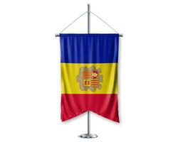 Andorra up pennants 3D flags on pole stand support pedestal realistic set and white background. - Image photo