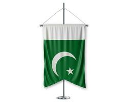 Pakistan up pennants 3D flags on pole stand support pedestal realistic set and white background. - Image photo