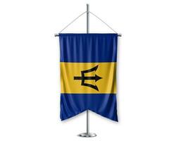 Barbados up pennants 3D flags on pole stand support pedestal realistic set and white background. - Image photo