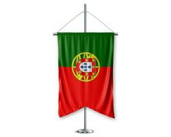 Portuqal up pennants 3D flags on pole stand support pedestal realistic set and white background. - Image photo