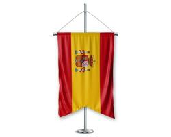 Spain up pennants 3D flags on pole stand support pedestal realistic set and white background. - Image photo