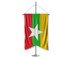 Myanmar up pennants 3D flags on pole stand support pedestal realistic set and white background. - Image photo