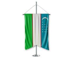 Uzbekistan up pennants 3D flags on pole stand support pedestal realistic set and white background. - Image photo