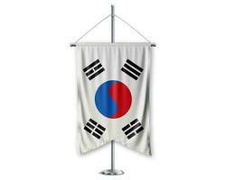 sur Corea arriba banderines 3d banderas en polo estar apoyo pedestal realista conjunto y blanco antecedentes. - imagen foto