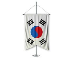 South Korea up pennants 3D flags on pole stand support pedestal realistic set and white background. - Image photo