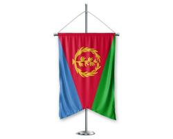 Eritea up pennants 3D flags on pole stand support pedestal realistic set and white background. - Image photo