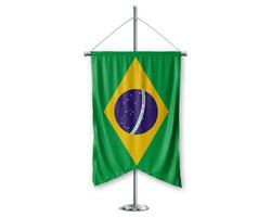 Brazil up pennants 3D flags on pole stand support pedestal realistic set and white background. - Image photo