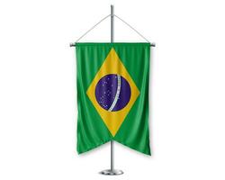 Brasil arriba banderines 3d banderas en polo estar apoyo pedestal realista conjunto y blanco antecedentes. - imagen foto