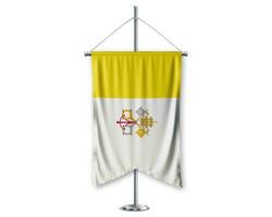 Vatican City Holy See up pennants 3D flags on pole stand support pedestal realistic set and white background. - Image photo