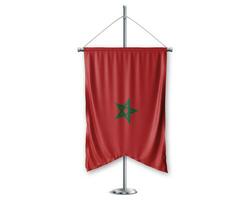 Morocco up pennants 3D flags on pole stand support pedestal realistic set and white background. - Image photo