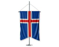 Islandia arriba banderines 3d banderas en polo estar apoyo pedestal realista conjunto y blanco antecedentes. - imagen foto