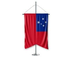 Samoa up pennants 3D flags on pole stand support pedestal realistic set and white background. - Image photo