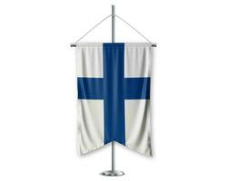 Finland up pennants 3D flags on pole stand support pedestal realistic set and white background. - Image photo