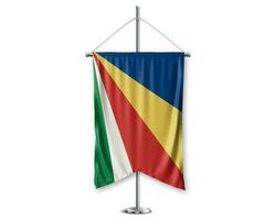 Seycheiles up pennants 3D flags on pole stand support pedestal realistic set and white background. - Image photo