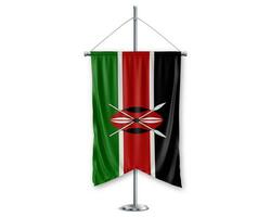 Kenia arriba banderines 3d banderas en polo estar apoyo pedestal realista conjunto y blanco antecedentes. - imagen foto