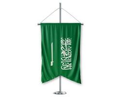 Saudi Arabia up pennants 3D flags on pole stand support pedestal realistic set and white background. - Image photo