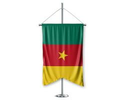 Cameroon up pennants 3D flags on pole stand support pedestal realistic set and white background. - Image photo