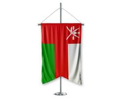 oman up pennants 3D flags on pole stand support pedestal realistic set and white background. - Image photo