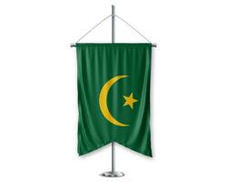 Mauritania up pennants 3D flags on pole stand support pedestal realistic set and white background. - Image photo