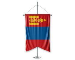 Mongolia up pennants 3D flags on pole stand support pedestal realistic set and white background. - Image photo