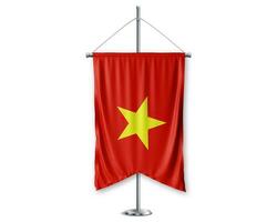 Vietnam arriba banderines 3d banderas en polo estar apoyo pedestal realista conjunto y blanco antecedentes. - imagen foto