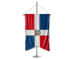 Dominican up pennants 3D flags on pole stand support pedestal realistic set and white background. - Image photo