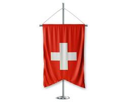 Suiza arriba banderines 3d banderas en polo estar apoyo pedestal realista conjunto y blanco antecedentes. - imagen foto