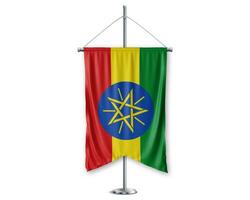 Ethiopia up pennants 3D flags on pole stand support pedestal realistic set and white background. - Image photo
