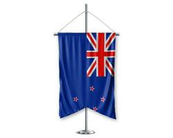 New Zealand up pennants 3D flags on pole stand support pedestal realistic set and white background. - Image photo