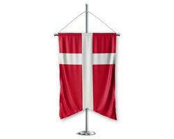 danmark arriba banderines 3d banderas en polo estar apoyo pedestal realista conjunto y blanco antecedentes. - imagen foto