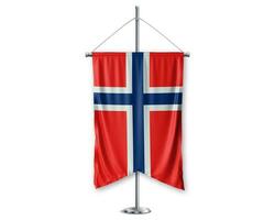 Noruega arriba banderines 3d banderas en polo estar apoyo pedestal realista conjunto y blanco antecedentes. - imagen foto