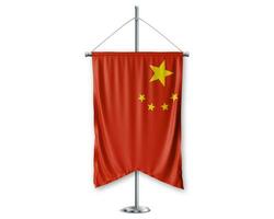 China up pennants 3D flags on pole stand support pedestal realistic set and white background. - Image photo