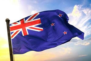 New-Zealand 3D rendering flag waving isolated sky and cloud background photo