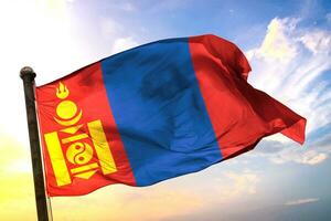 Mongolia 3D rendering flag waving isolated sky and cloud background photo