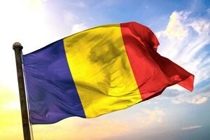 Romania 3D rendering flag waving isolated sky and cloud background photo