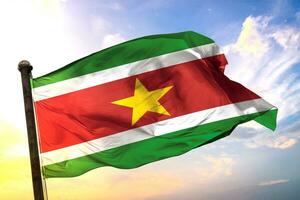 Suriname 3D rendering flag waving isolated sky and cloud background photo