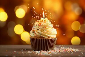 Photo birthday cupcake with candel sparkle background generative ai